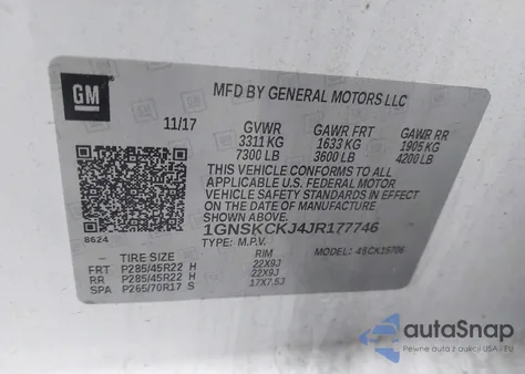 2018 Chevrolet Tahoe Premier z USA, uszkodzony, nr VIN 1GNSKCKJ4JR177746